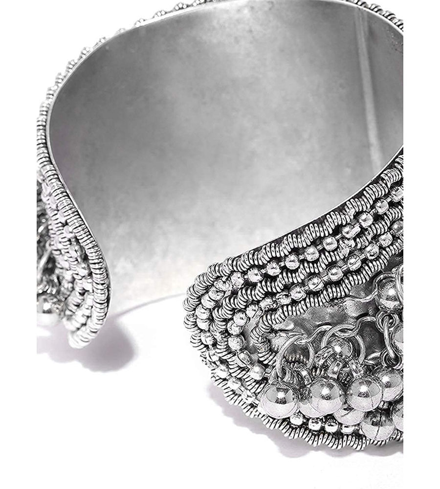 YouBella Girls/Women's Afghani Oxidized Silver Brass Ghungroo Adjustable Bracelet Bangles