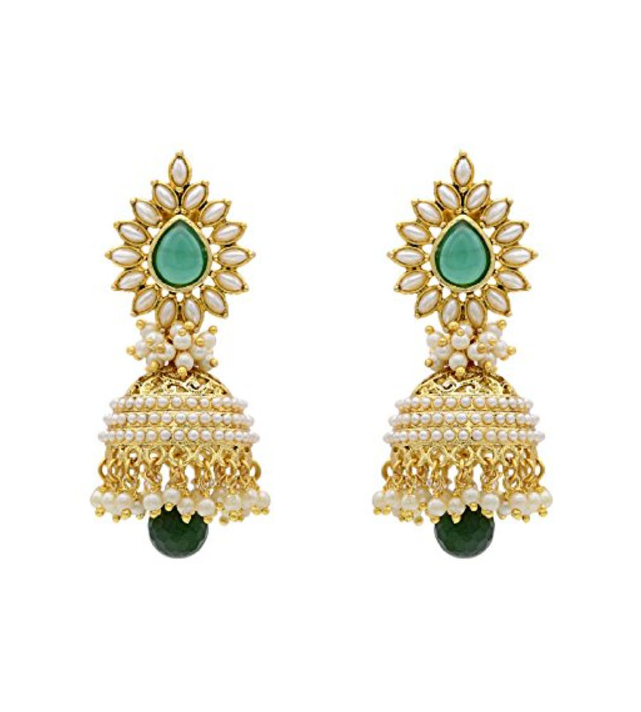 YouBella Traditional Copper Pearl Jhumki Earrings for Girls/Women (White) (Green)