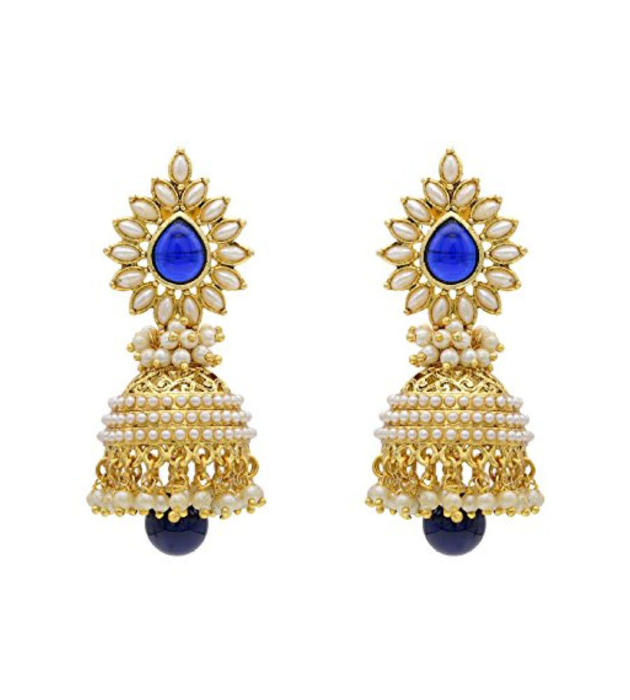 YouBella Traditional Copper Pearl Jhumki Earrings for Girls/Women (White) (Dark Blue)