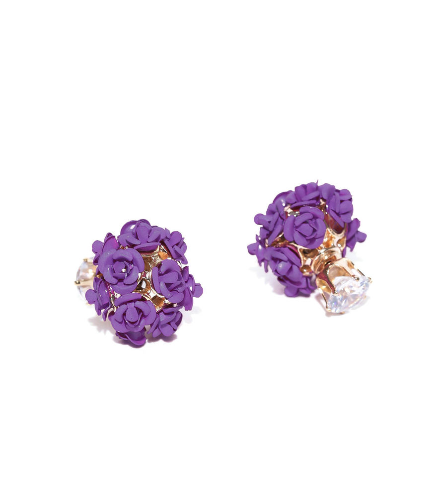YouBella Purple Gold-Plated Floral Stone-Studded Double Sided Studs