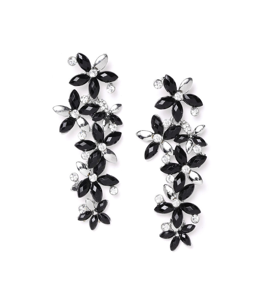 YouBella Black Silver-Plated Stone-Studded Floral Shaped Drop Earrings