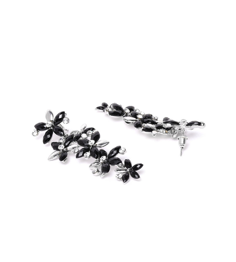 YouBella Black Silver-Plated Stone-Studded Floral Shaped Drop Earrings