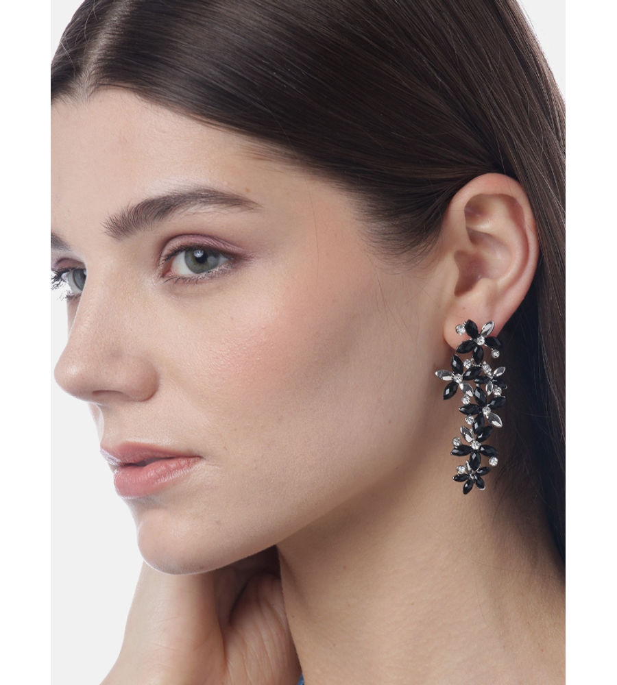 YouBella Black Silver-Plated Stone-Studded Floral Shaped Drop Earrings