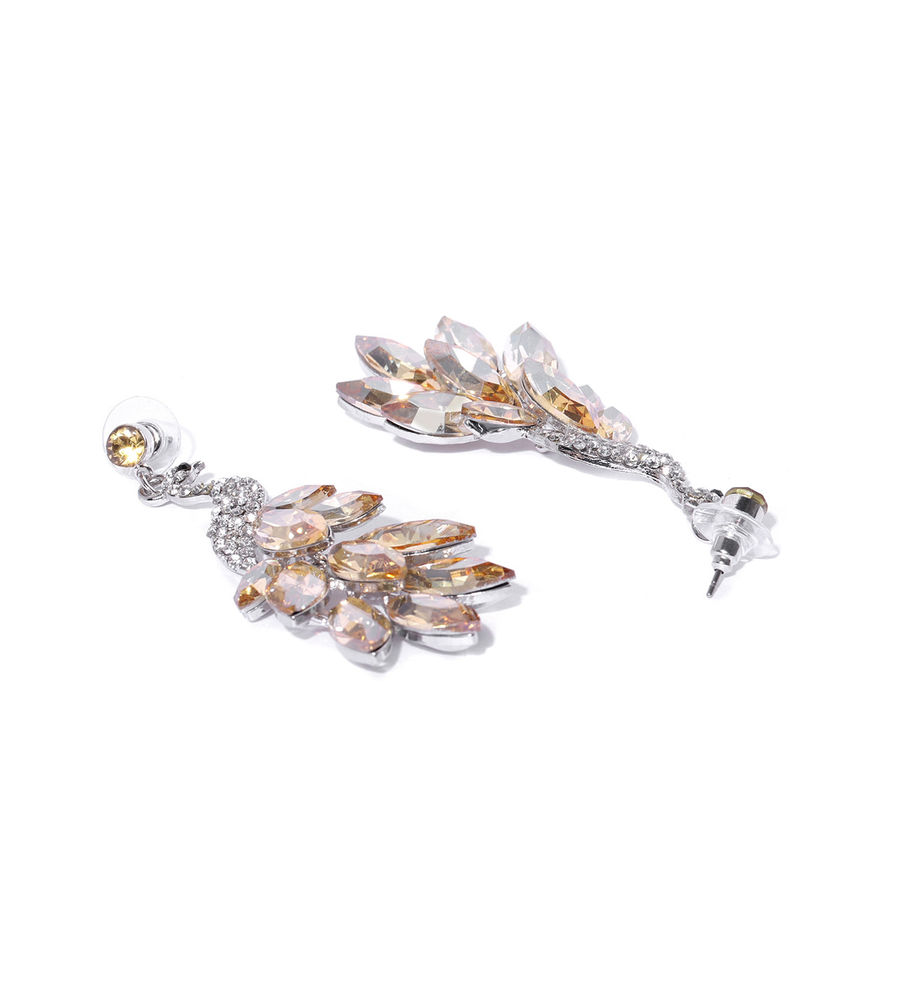 YouBella Beige  Silver-Toned Stone Studded Peacock Shaped Drop Earrings