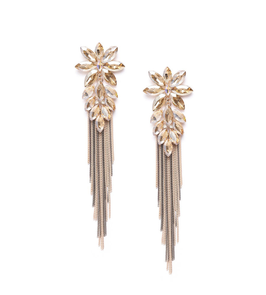 YouBella Beige  Gunmetal-Toned Stone-Studded Tasselled Floral Drop Earrings