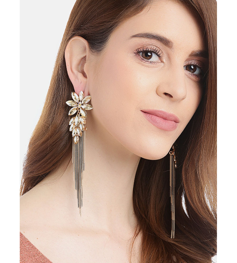 YouBella Beige  Gunmetal-Toned Stone-Studded Tasselled Floral Drop Earrings