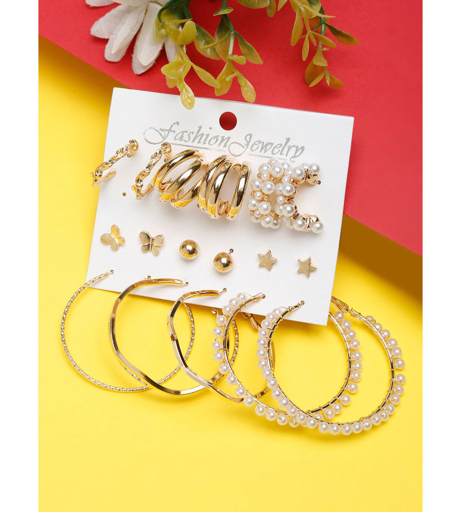 Set Of 9 Gold-Toned & Off White Circular Hoop Earrings