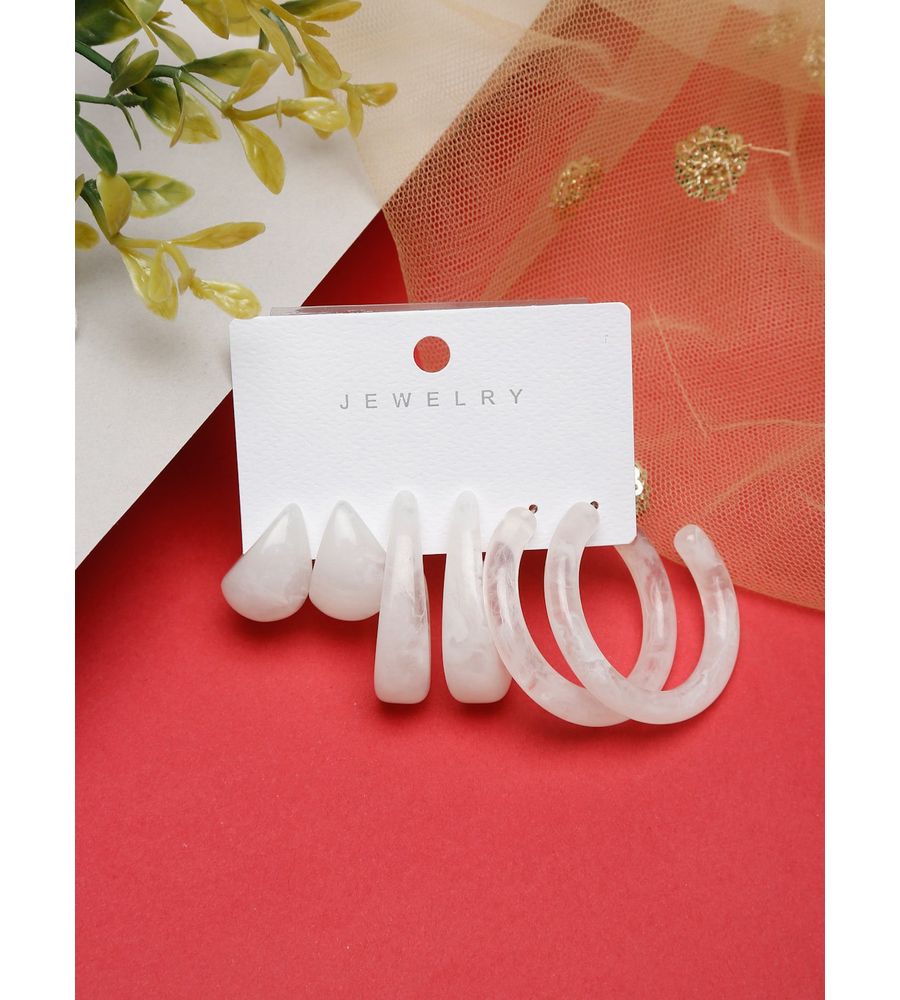 White Set of 3 Contemporary Half Hoop Earrings