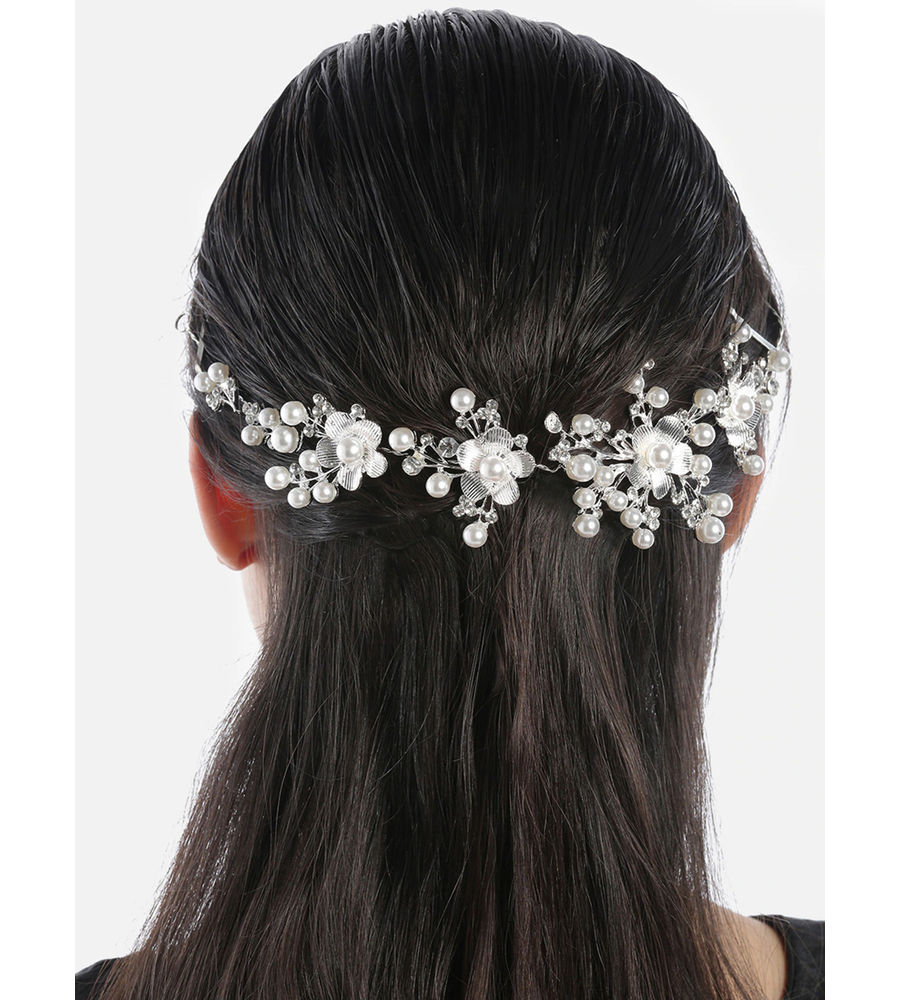 YouBella Silver-Toned  Off-White Embellished Floral Hair Accessory