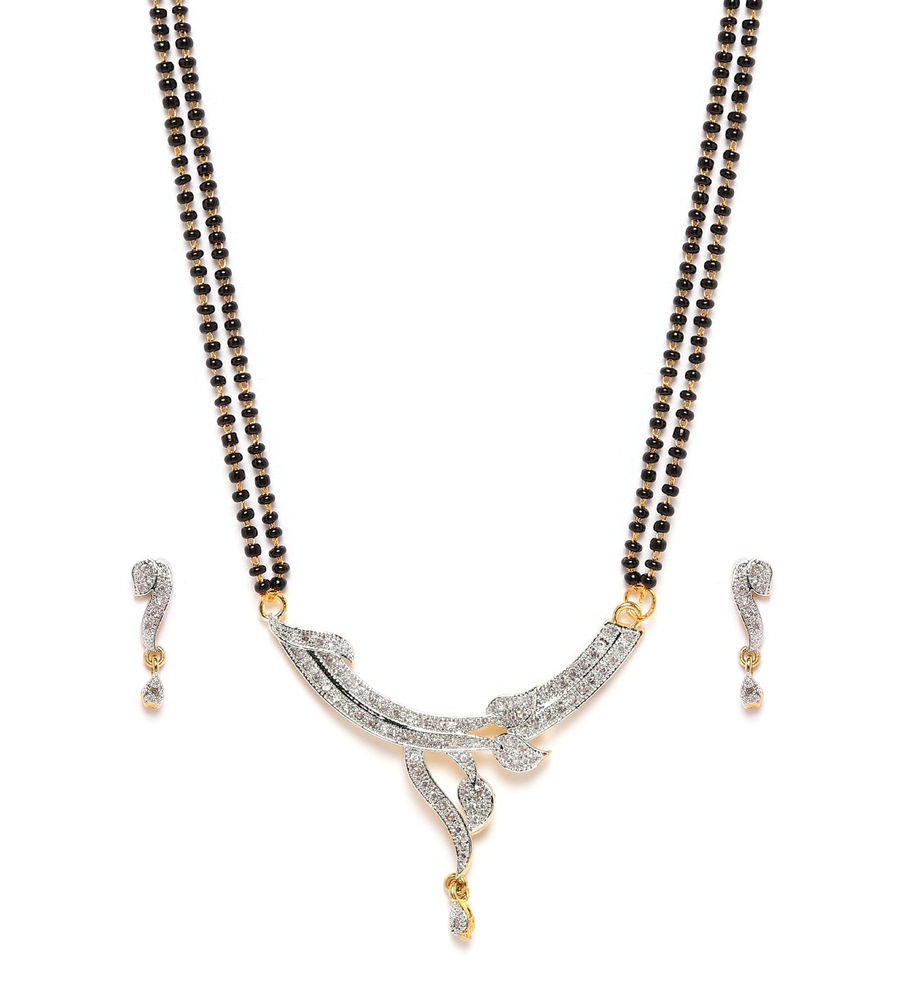 YouBella Black Gold-Plated Stone-Studded  Beaded Dual-Stranded Mangalsutra with Earrings