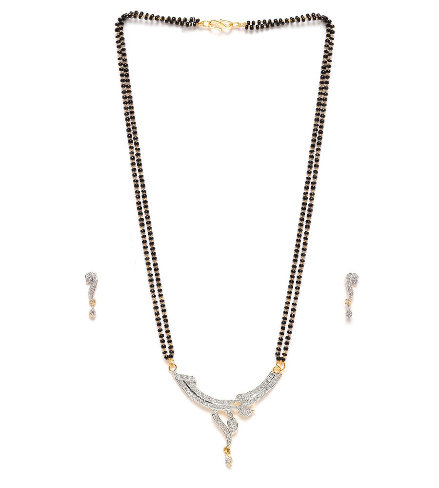 YouBella Black Gold-Plated Stone-Studded  Beaded Dual-Stranded Mangalsutra with Earrings