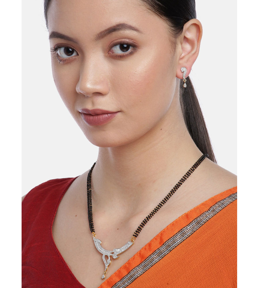 YouBella Black Gold-Plated Stone-Studded  Beaded Dual-Stranded Mangalsutra with Earrings