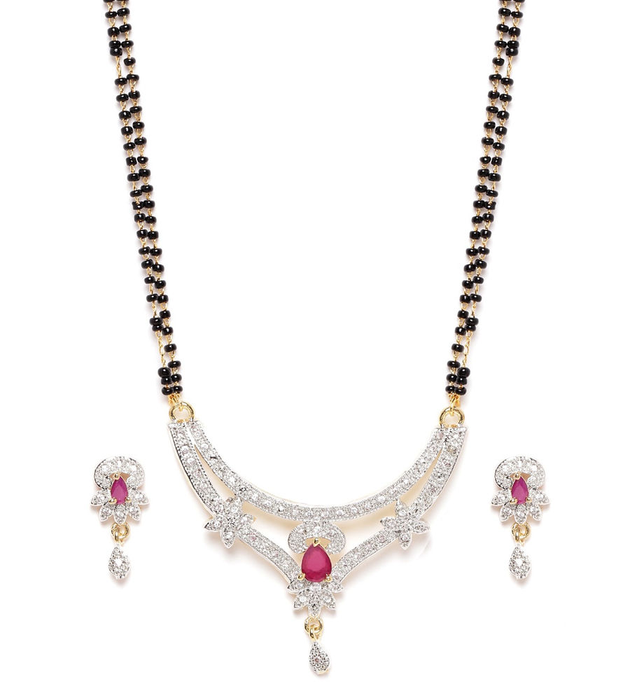 YouBella Black  Magenta Gold-Plated Stone-Studded  Beaded Mangalsutra with Earrings