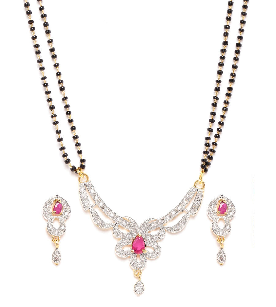 YouBella Black  Pink Gold-Plated Stone-Studded  Beaded Mangalsutra with Earrings