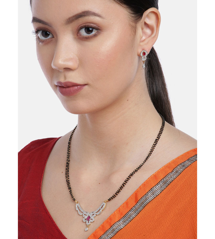 YouBella Black  Pink Gold-Plated Stone-Studded  Beaded Mangalsutra with Earrings