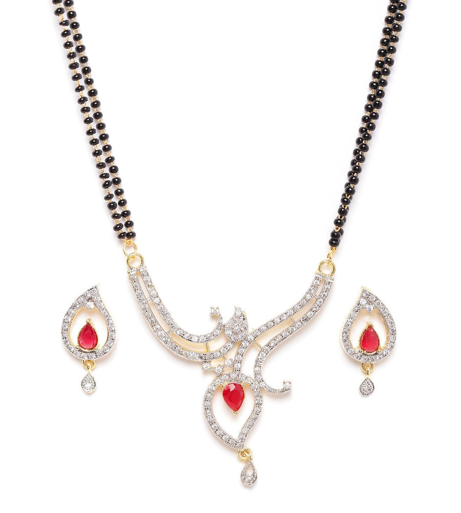 YouBella Black  Pink Gold-Plated Stone-Studded  Beaded Mangalsutra with Studs