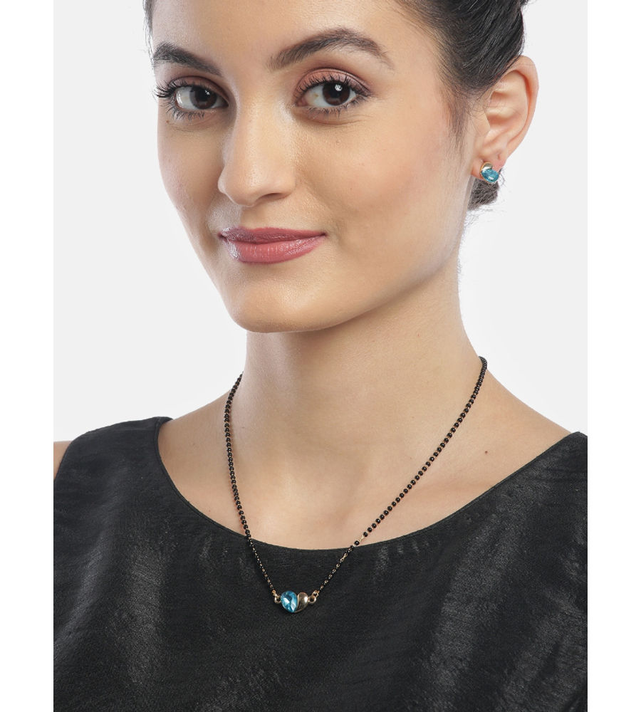 YouBella Black  Blue Gold-Plated Beaded  Stone-Studded Mangalsutra  Earrings Set