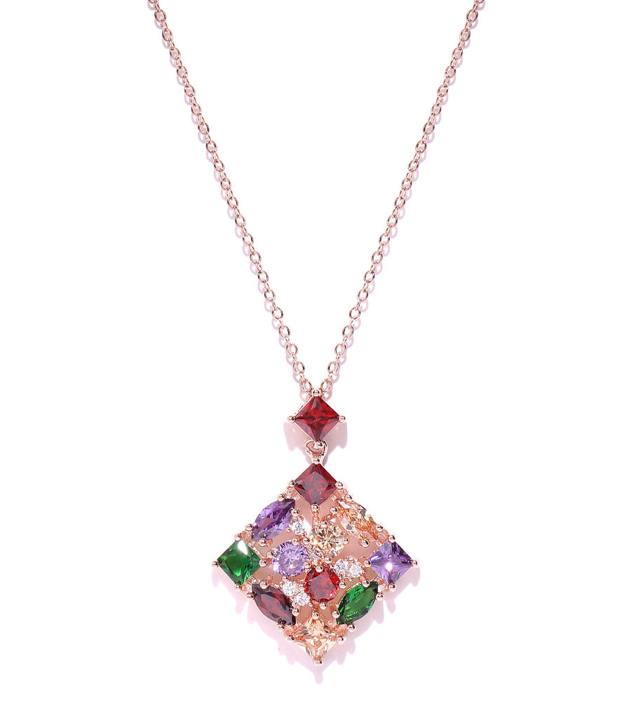 YouBella Multicoloured Crystal Zircon Stone-Studded Pendant with Chain