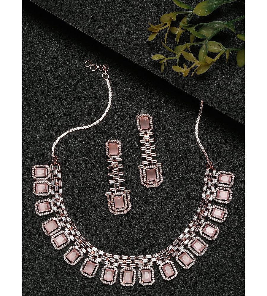YouBella Jewellery Celebrity Inspired Rose Gold Plated Jewellery Set with Earrings for Girls and Women (YBNK_50442) (Pink)