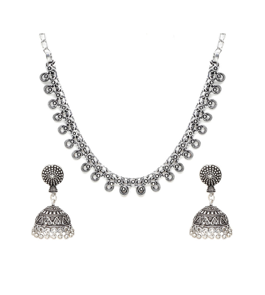 YouBella Jewellery Set for Women Oxidised Silver TradItional Necklace Jewellery Set with Earrings , Rings and Nose Clip for Girls and Women (Style 3)