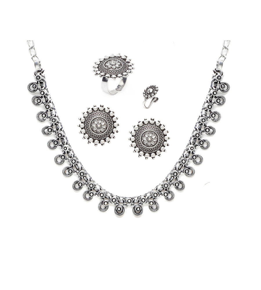 YouBella Jewellery Set for Women Oxidised Silver TradItional Necklace Jewellery Set with Earrings , Rings and Nose Clip for Girls and Women (Style 4)
