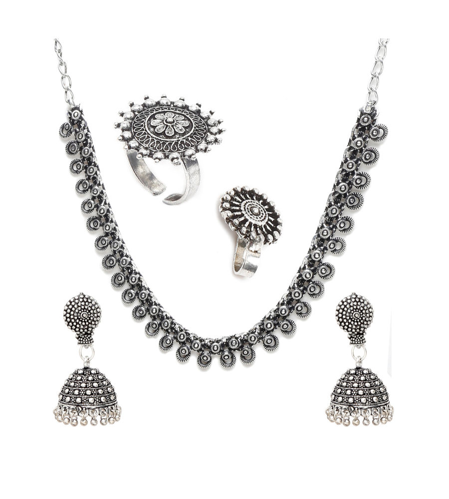 YouBella Jewellery Set for Women Oxidised Silver TradItional Necklace Jewellery Set with Earrings , Rings and Nose Clip for Girls and Women (Style 5)