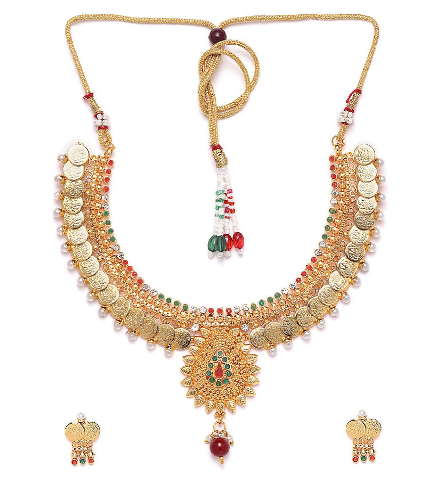 YouBella Green  Red Gold-Plated Stone-Studded Beaded Jewellery Set