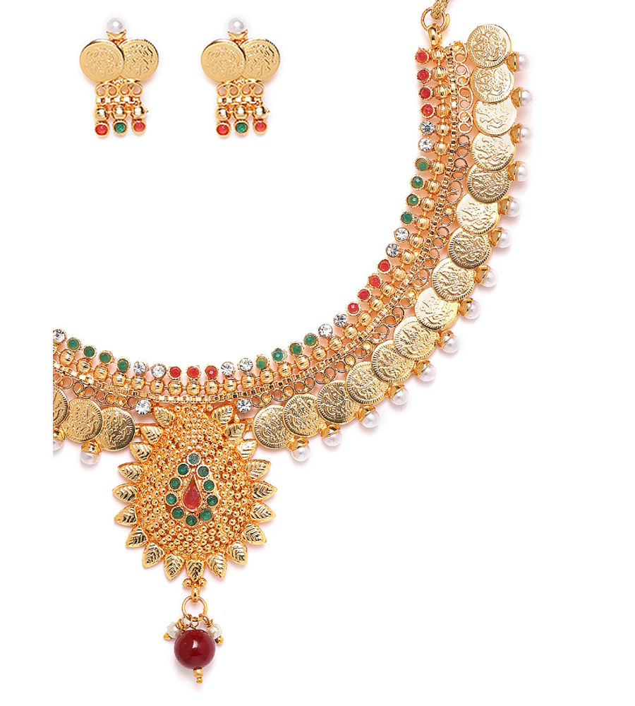 YouBella Green  Red Gold-Plated Stone-Studded Beaded Jewellery Set