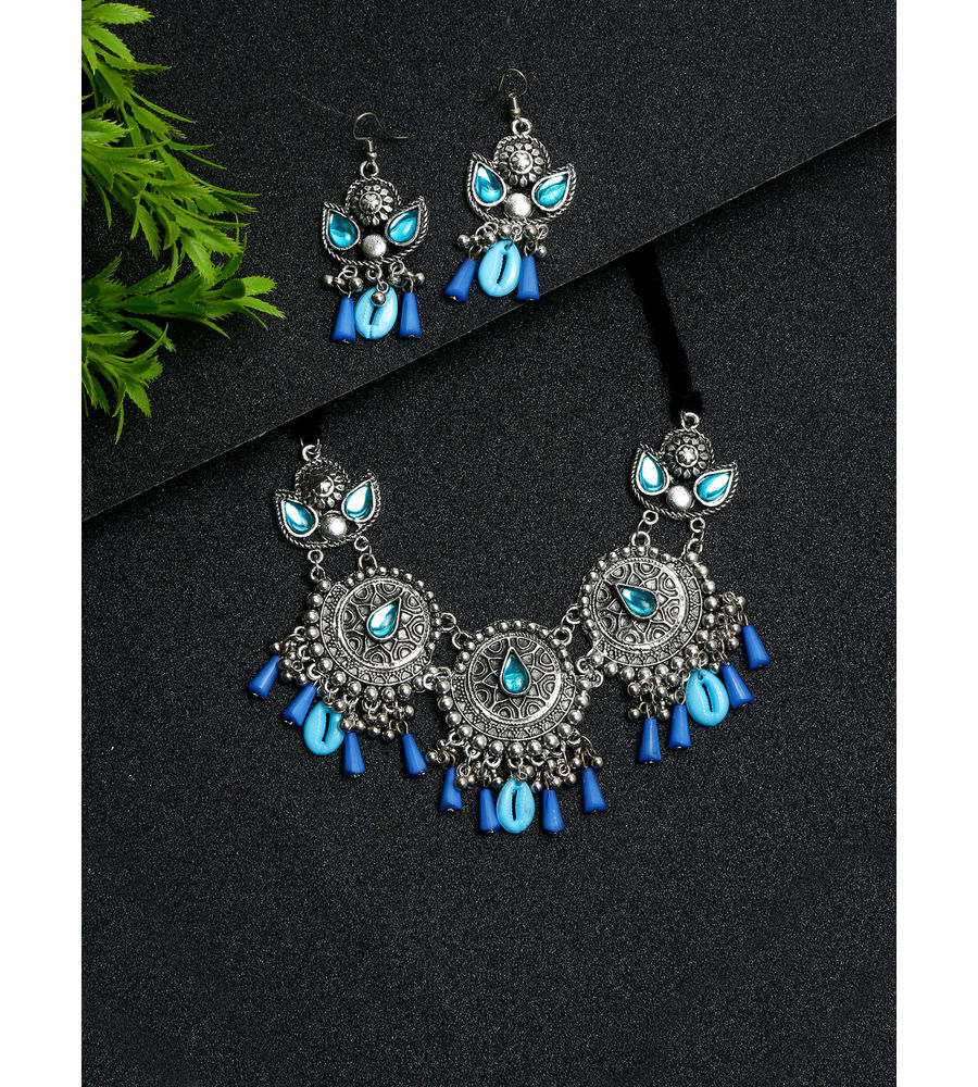 YouBella Jewellery Oxidised Silver Necklace Jewellery Set with Earrings for Girls and Women (Blue) (YBNK_50531)