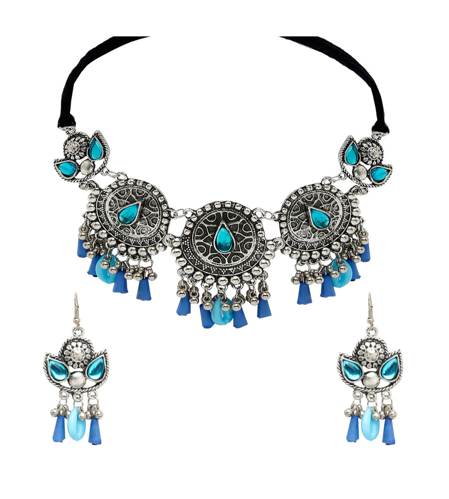 YouBella Jewellery Oxidised Silver Necklace Jewellery Set with Earrings for Girls and Women (Blue) (YBNK_50531)
