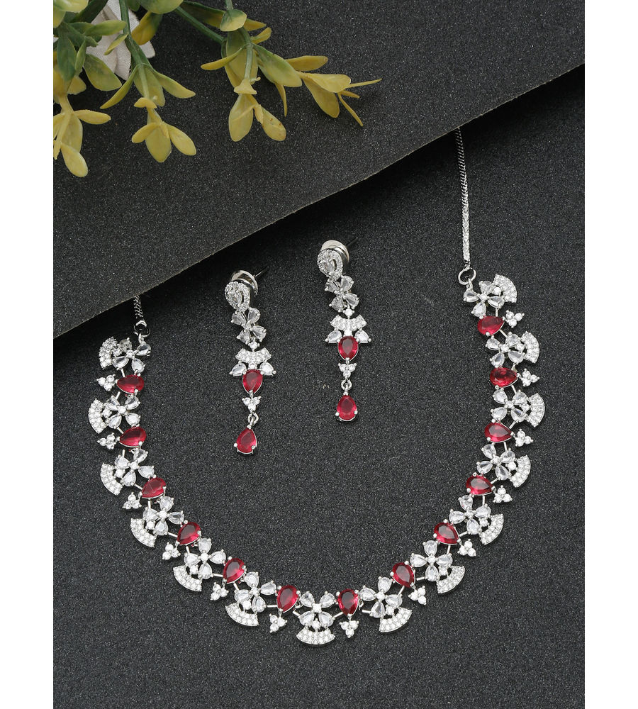 YouBella Jewellery Celebrity Inspired American Diamond Studded Necklace Jewellery Set with Earrings for Girls and Women (Silver) (YBNK_50539)