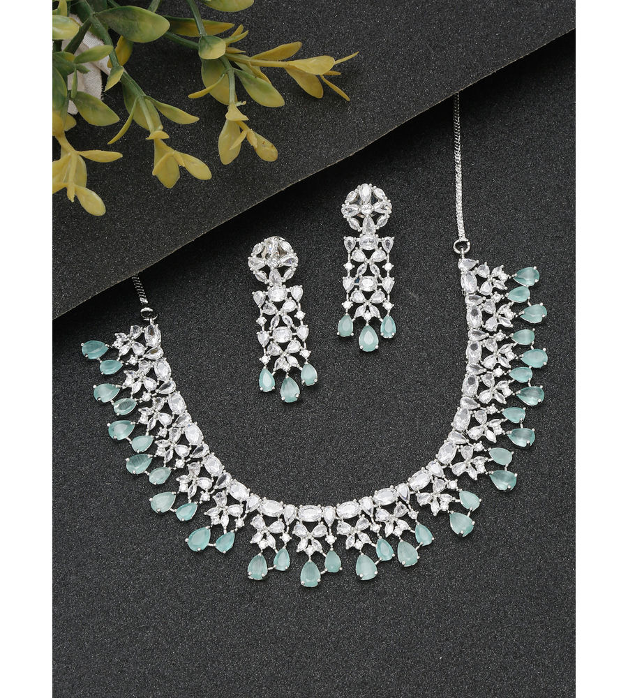 YouBella Jewellery Celebrity Inspired American Diamond Studded Necklace Jewellery Set with Earrings for Girls and Women (Silver) (YBNK_50540)