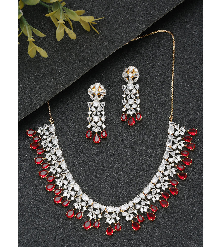 YouBella Jewellery Celebrity Inspired American Diamond Studded Necklace Jewellery Set with Earrings for Girls and Women (Red) (YBNK_50541)