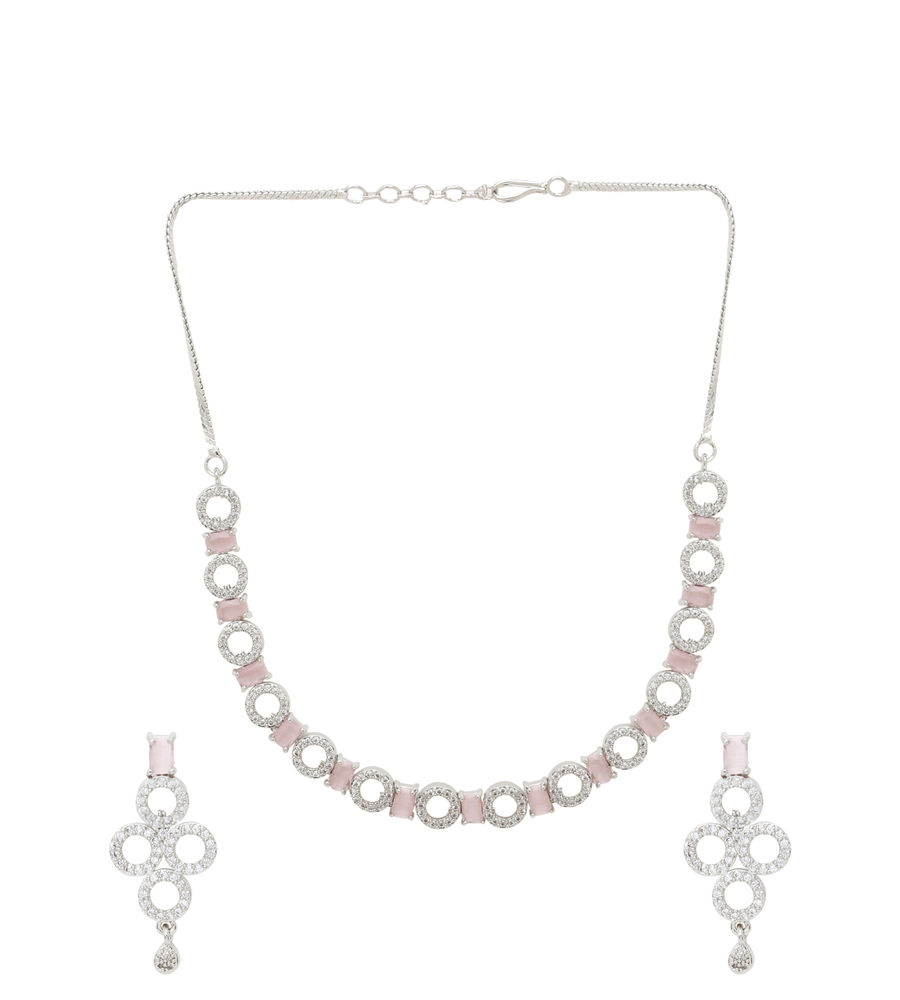 YouBella Jewellery Celebrity Inspired American Diamond Necklace Jewellery Set with Earrings for Girls and Women (Pink) (YBNK_50545)