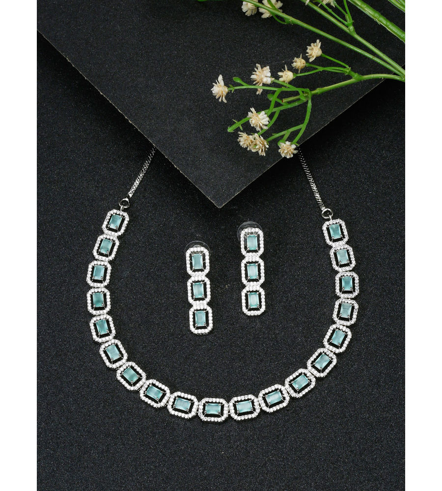 YouBella Jewellery Celebrity Inspired American Diamond Necklace Jewellery Set with Earrings for Girls and Women (Sea Green) (YBNK_50546)