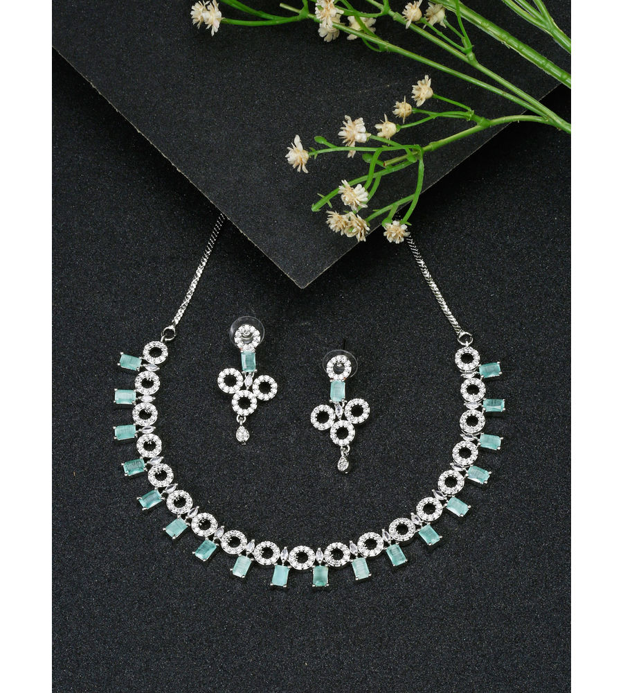 YouBella Jewellery Celebrity Inspired American Diamond Necklace Jewellery Set with Earrings for Girls and Women (Sea Green) (YBNK_50547)