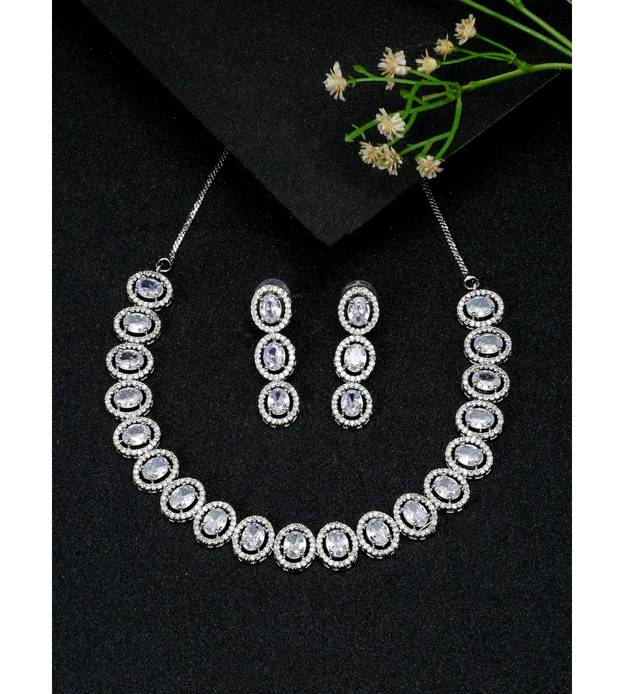 YouBella Jewellery Celebrity Inspired American Diamond Necklace Jewellery Set with Earrings for Girls and Women (Silver) (YBNK_50557)