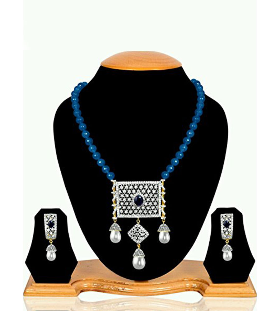 YouBella American Diamond Gold Plated Exclusive Necklace Set/Jewellery Set with Earrings for Girls and Women (Blue)