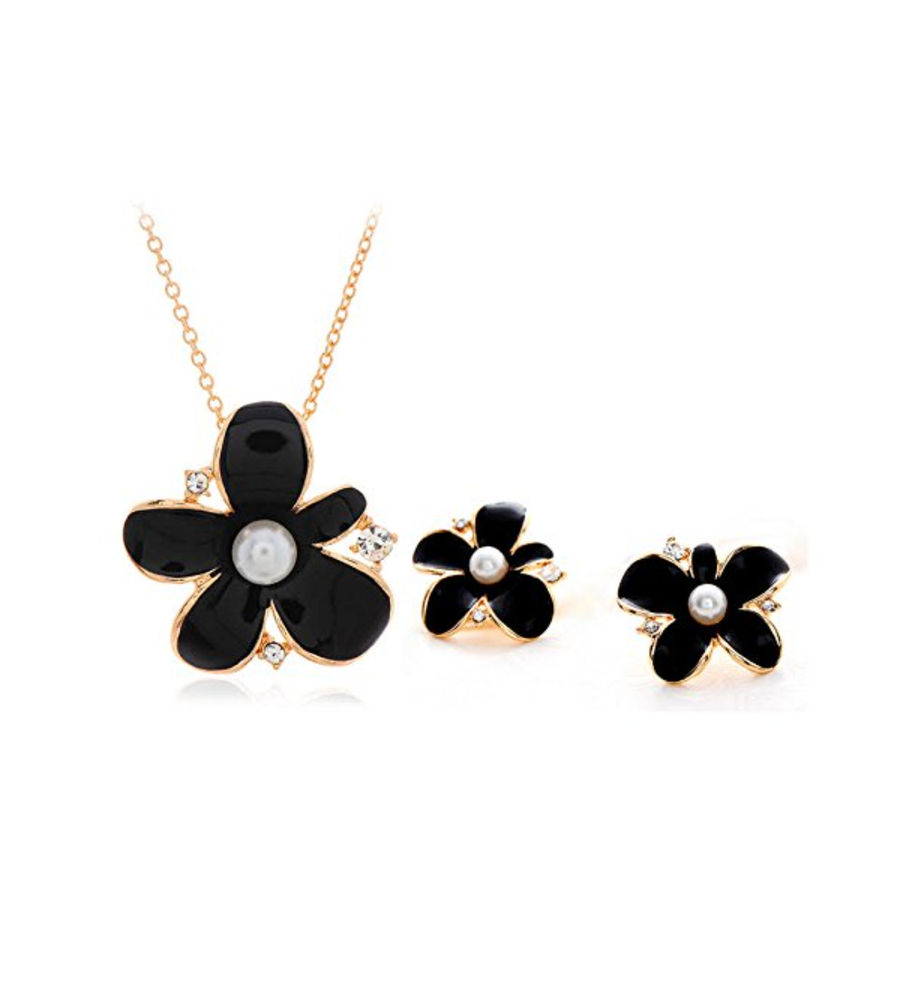 Valentine Gifts : YouBella Jewellery Valentine Collection Gold Plated Pearl Crystal Floral Pendant Necklace Jewellery for Women and Girls (Black)