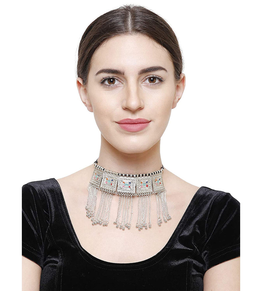 Shayna Jewellery Oxidised Silver-Plated Floral Stone-Studded Afghani Necklace