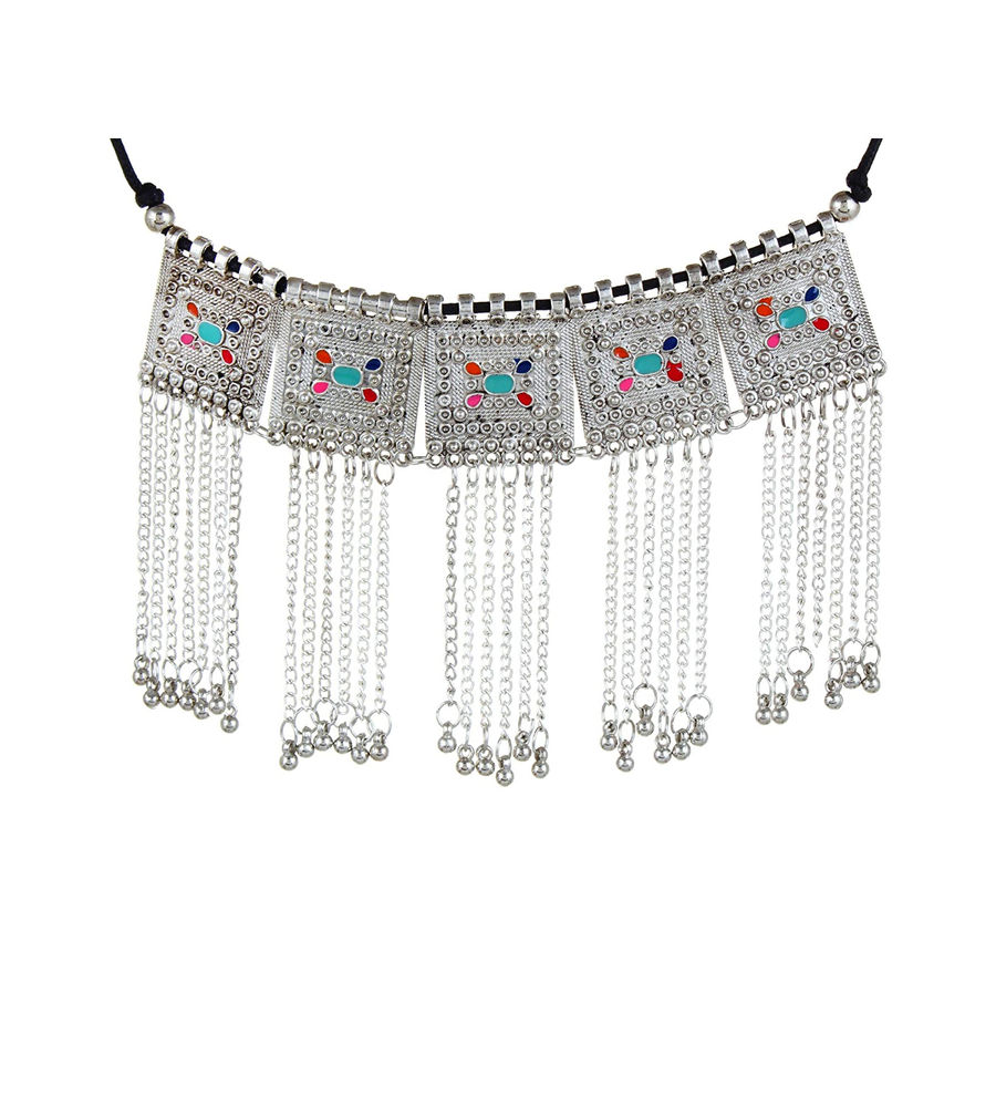 Shayna Jewellery Oxidised Silver-Plated Floral Stone-Studded Afghani Necklace