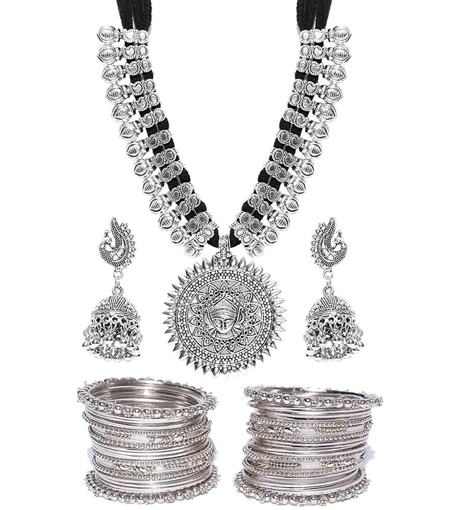 YouBella Stylish Latest Design Afghani Jewellery Combo Silver Plated Jewellery Set for Women (Silver) (YBNK_5635_2.6)