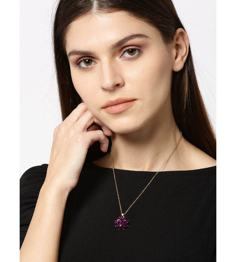 YouBella Purple Gold-Plated Stone-Studded Floral Shaped Pendant With Chain