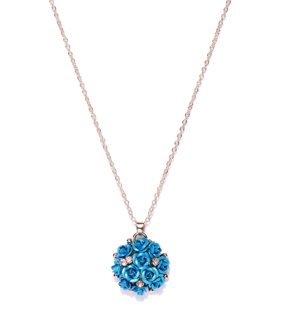 YouBella Blue Gold-Plated Stone-Studded Floral Shaped Pendant With Chain
