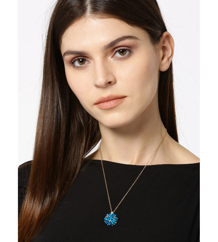 YouBella Blue Gold-Plated Stone-Studded Floral Shaped Pendant With Chain