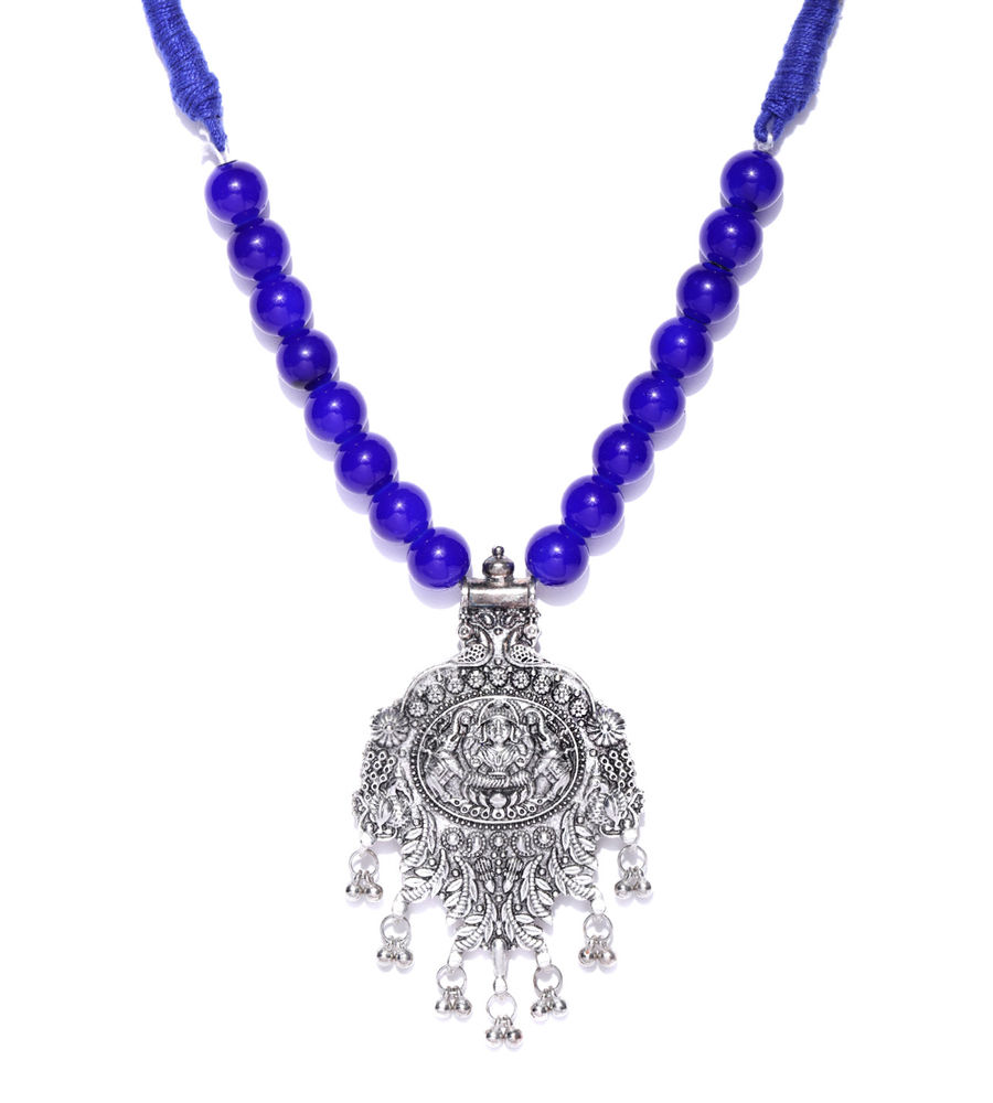 YouBella Oxidised Blue Silver Plated Beaded Statement Temple Necklace