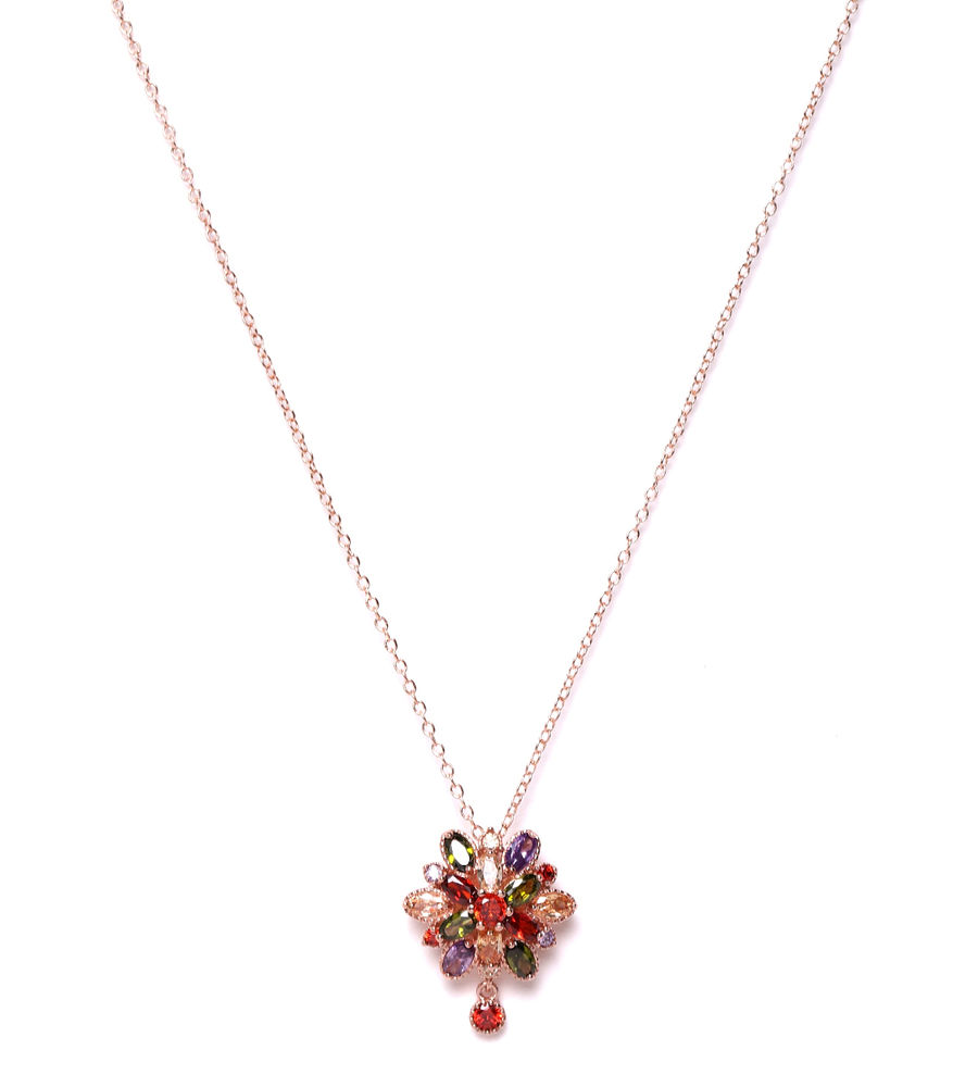 YouBella Multicoloured Rose Gold-Plated Stone-Studded Floral Pendant with Chain