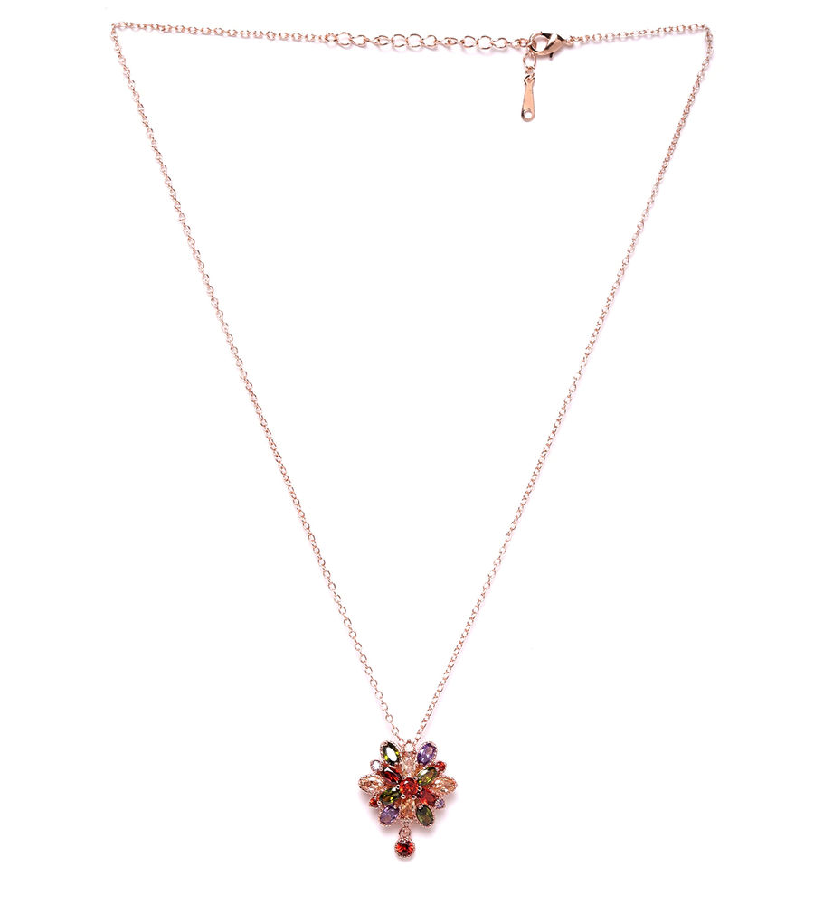 YouBella Multicoloured Rose Gold-Plated Stone-Studded Floral Pendant with Chain