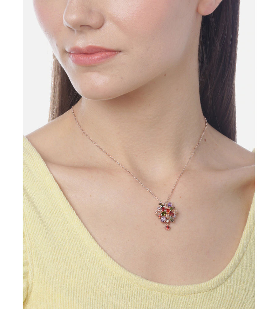 YouBella Multicoloured Rose Gold-Plated Stone-Studded Floral Pendant with Chain