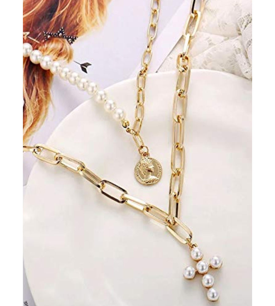 YouBella Stylish Latest Design Trendy Multi Layer Necklace Jewellery Gold Plated Multi Strand for Women (Golden) (YBNK_5786)